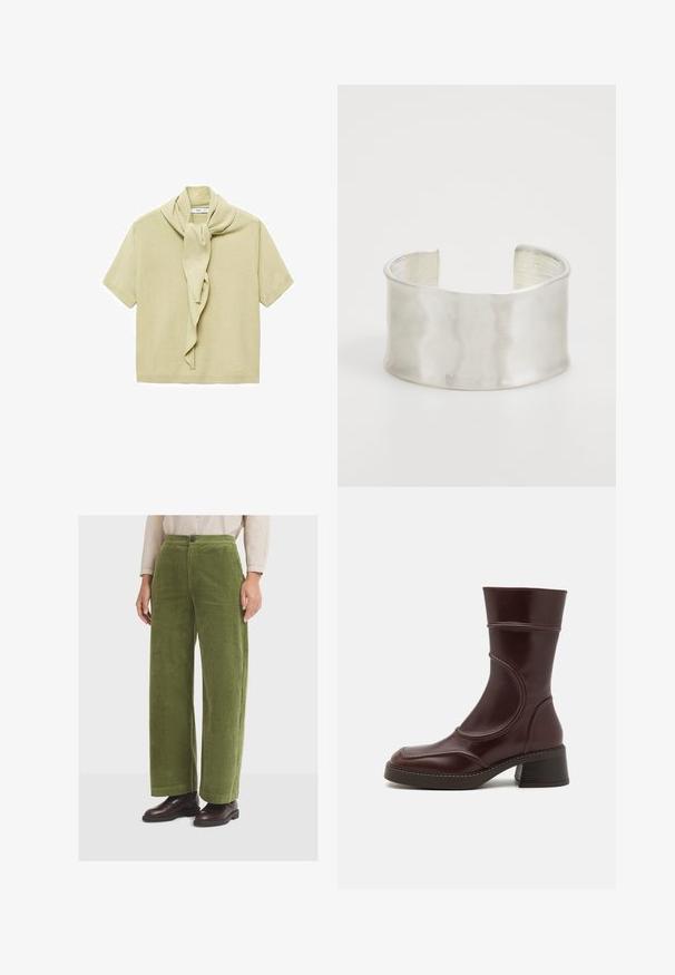 Light beige short-sleeve knit top with attached scarf detail draped around the neckline.; Green corduroy wide-leg pants with a high waist and front pockets, featuring a single button closure and a textured, ribbed surface.; MIISTA MALENE - Classic ankle boots - brown; Zign Bracelet - silver-coloured