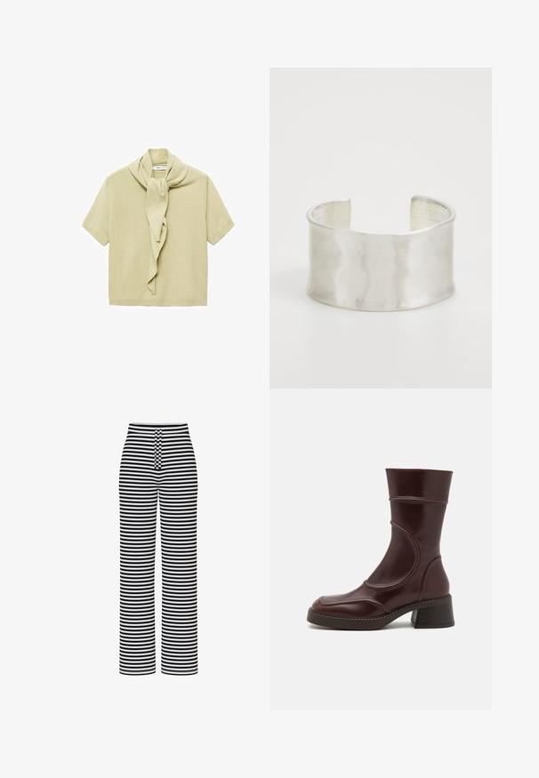 Svijetlobejž kašmirna majica kratkih rukava s pričvršćenim detaljem šal koji pada oko izreza.; Pieces PCLAYA MW WIDE - Hlače - bright white; MIISTA MALENE - Klasične gležnjače - brown; Zign Narukvica - silver-coloured