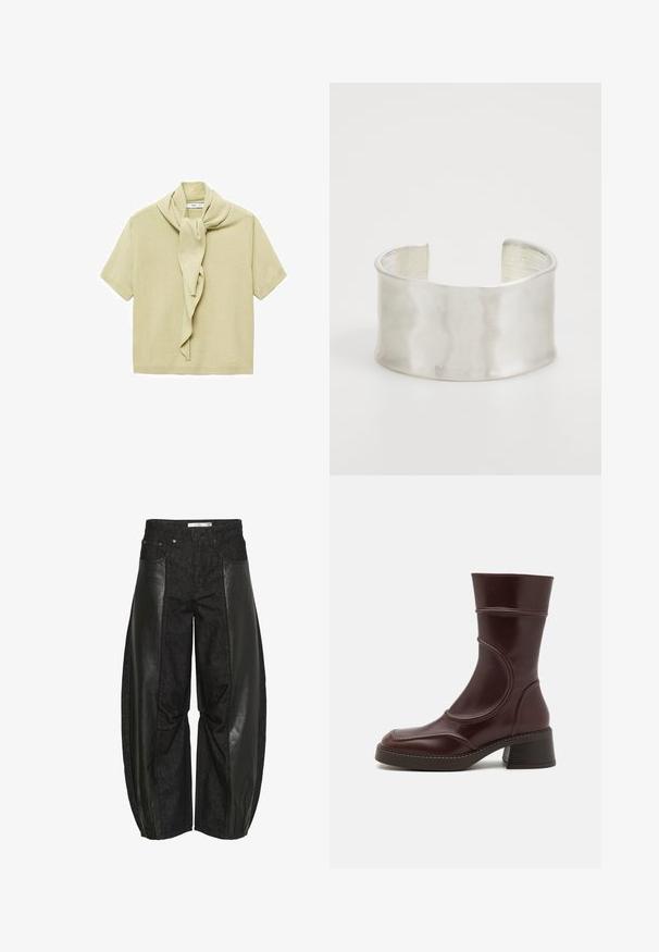 Light beige short-sleeve knit top with attached scarf detail draped around the neckline.; Black trousers featuring a mix of denim and leather panels. The design is wide-legged with texture variations, creating distinct visual contrast.; MIISTA MALENE - Classic ankle boots - brown; Zign Bracelet - silver-coloured