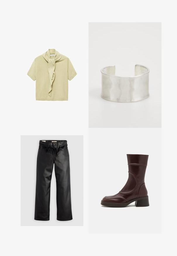 Light beige short-sleeve knit top with attached scarf detail draped around the neckline.; Black leather wide-leg pants featuring a front tie closure, two front pockets, and a smooth texture with a slight sheen.; MIISTA MALENE - Classic ankle boots - brown; Zign Bracelet - silver-coloured