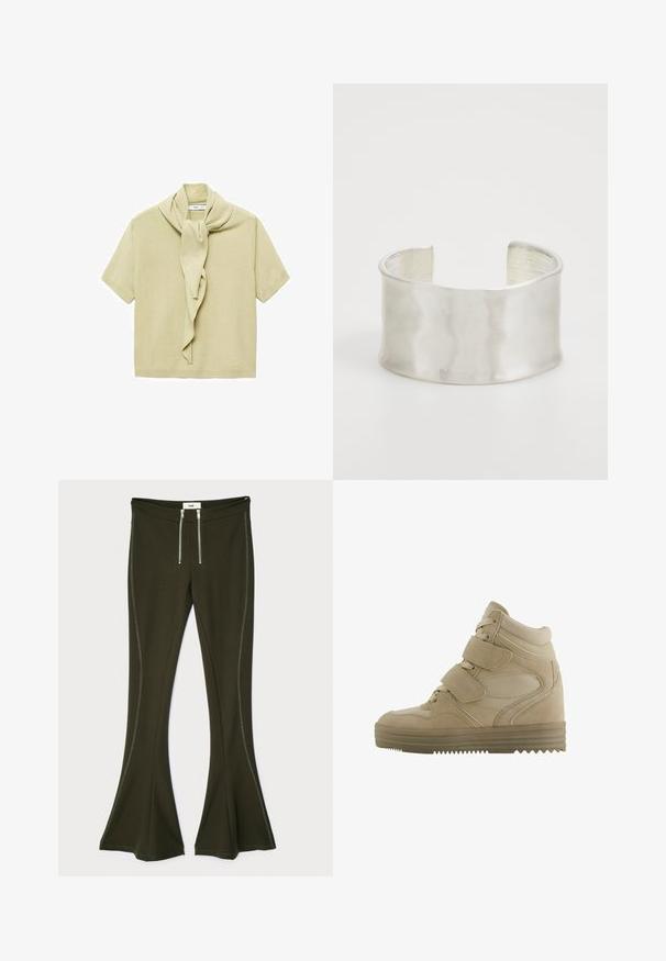 Jasno beżowy, krótkoszeregowy top dziany z dołączonym detalem w postaci szala opasanego wokół dekoltu.; Ciemnooliwkowe spodnie dzwony wykonane z elastycznego materiału, z metalowymi zamkami błyskawicznymi i kontrastującymi szwami bocznymi.; Beżowe trampki typu high-top z welurowym i siateczkowym designem, regulowane zapięcia na rzepy oraz gruba gumowa podeszwa z wzorem zygzaka.; Zign - Bransoletka