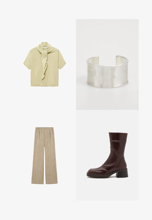 T-shirt en tricot beige clair à manches courtes avec un soin attaché drapé autour de l'encolure.; Pantalons larges beige en tissu lisse, avec un motif ondulé argenté et une taille élastique, dotés de poches latérales.; MIISTA MALENE - Bottines - brown; Zign Bracelet - silver-coloured