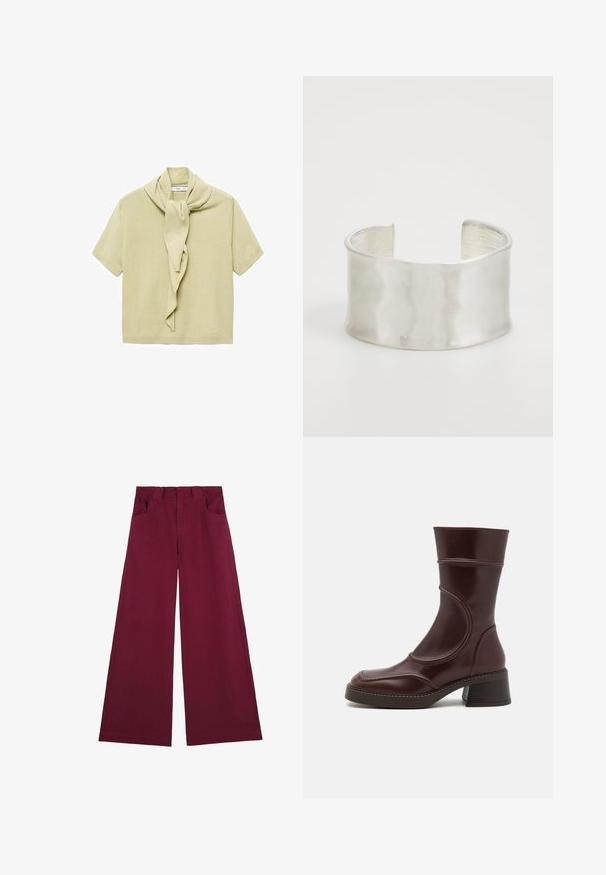 Lichtbeige korte mouwen gebreid top met een bevestigde sjaaldetail die rond de halslijn hangt.; Bordeaux wijde broek van katoen met een soepele textuur, voorzien van twee zijzakken en een klassiek taillebandontwerp.; MIISTA MALENE - Lage laarzen - brown; Zign Armband - silver-coloured