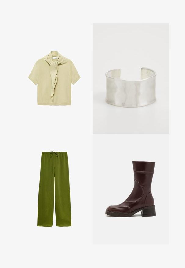 Helles beige Strickoberteil mit kurzen Ärmeln und angehängtem Schaldetail, das um den Hals drapiert ist.; Grüne, weite Hosen aus leichtem Material, mit einem Kordelzugbund und einem dezenten strukturierten Muster.; MIISTA MALENE - Stiefelette - brown; Zign Armband - silver-coloured