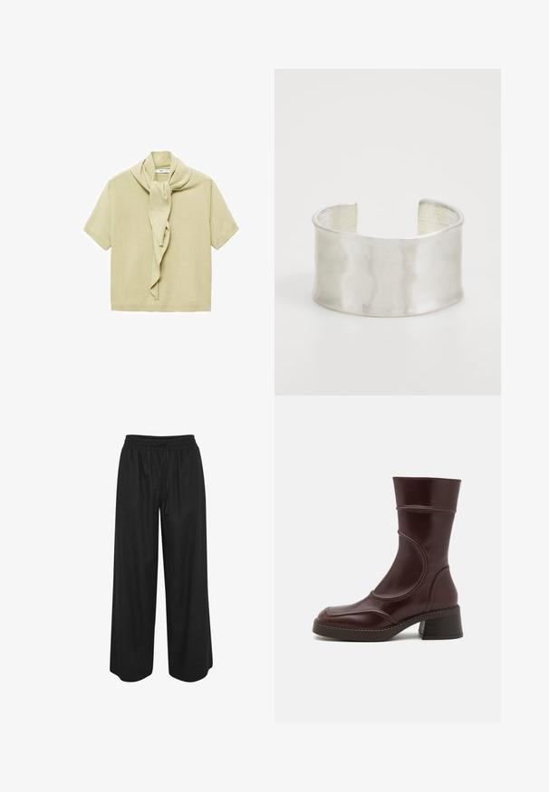 Light beige short-sleeve knit top with attached scarf detail draped around the neckline.; Black wide-leg pants made from a lightweight fabric, featuring an elastic waistband and a drawstring for adjustable fit.; MIISTA MALENE - Classic ankle boots - brown; Zign Bracelet - silver-coloured