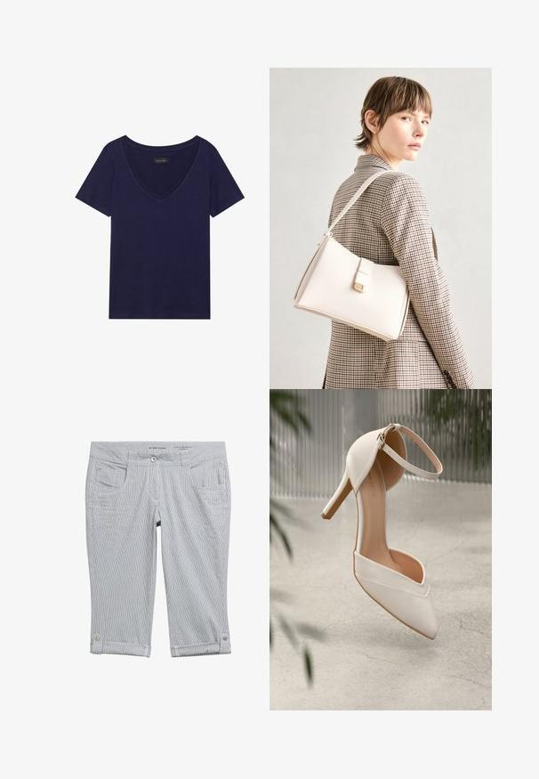 Námořnická modrá V-čková trička vyrobená z měkké látky, se krátkými rukávy a uvolněným střihem. Štítek na výstřihu čte "ANNA FIELD."; Pruhované capri kalhoty ve světle šedé a bílé barvě. Mají zapínání na knoflík, čtyři kapsy a ohrnuté nohavice s knoflíkovými detaily. Měkká textilie.; Bílé lodičky na vysokém podpatku z hladkého materiálu s špičatou špičkou a popruhem kolem kotníku. Vyznačují se světle hnědým interiérem a akcenty zlatého barevného kovu.; Bílá kožená kabelka se strukturálním designem, s magnetickým uzávěrem a ramenním popruhem, prezentovaná na neutrálním pozadí.