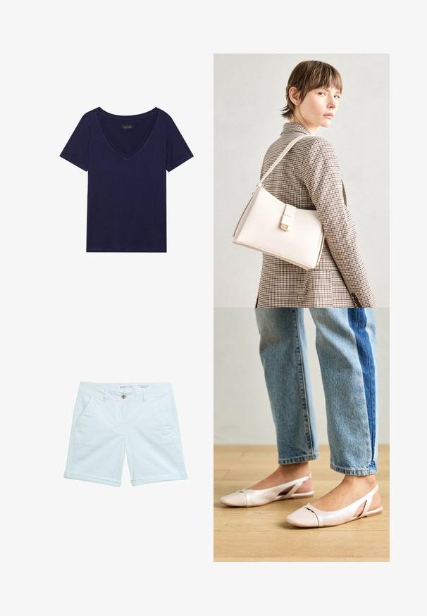 Tricou V cu gât de culoare albastră închisă, fabricat dintr-un material moale, cu mâneci scurte și croială lejeră. Eticheta de pe decolteu este inscriptionată cu "ANNA FIELD."; Șorturi chino de culoare albastru deschis, cu o margine răsucită, având două buzunare laterale și închidere cu un buton în față. Fabricate din material respirabil.; Sandalete plate de un roz pal cu vârf ascuțit, realizate dintr-un material asemănător pielii, neted. Prezintă detalii decupate pe laterale și un toc plat.; Geantă de mână din piele albă cu un design structurat, având o închidere magnetică și un breteau, expusă pe un fundal neutru.