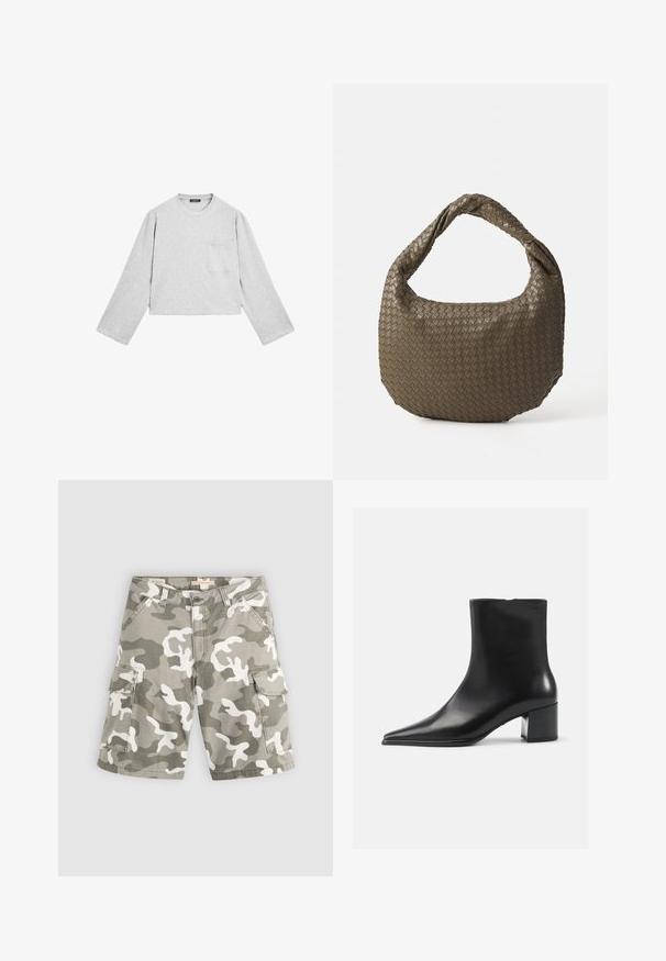 Grå, kortärmad långärmad skjorta av mjukt tyg. Har rund hals och en bröstficka. Slät struktur med en avslappnad design.; Levi's® BAGGY DAD CARGO SHORT - Jeansshorts - bader camo agate gray; Svart läderankelboot med spetsig tå, slät yta och medelhög blockklack. Minimalistisk design, dragkedjestängning bak.; Vävd olivgrön handväska med rund form och vriden handtag. Texturerad yta har ett diagonalt mönster. Dragkedjestängning.