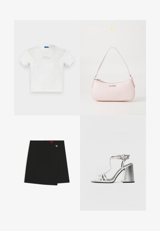 Valge puuvillane T-särk lühikeste varrukatega ja ümmarguse kaelusega, mille esiküljel on "HUGO" krištallidega. Lihtne ja lõdvik disain.; Must värviline seelik sileda tekstuuriga, millel on punane logo silt ja hõbedane detail. Lihtne disain, millel on puhas lõige.; Hallidega hõbedased sandaalid, millel on plokknööp, õhukeste rihmadega ja pahkluu klambriga. Materjalil on metallik viimistlus ja tekstureeritud välimus.; Roosa nahast käekott, millel on kaarjas disain, lukuga sulgemine ja õlavarre rihm. Esiküljel on hõbedane logo.
