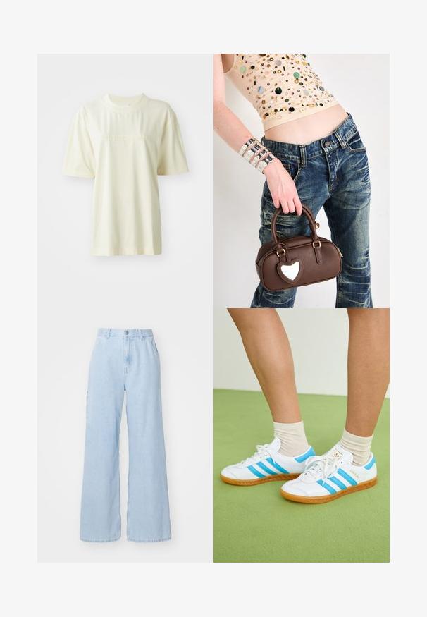 Kremfarget bomull T-skjorte med rund hals, korte ermer og preget "adidas"-logo på brystet. Glatt tekstur og avslappet passform.; Lys blå vide jeans laget av denim, med frontlommer, beltehemper og knappelukking. Flat tekstur og ren finish.; Hvite sneakers med lyseblå striper, gummisåle og snøring. Har gullmerke og en glatt skinnaktig tekstur.; Brun lærveske med hjerteformet akcent, avrundet design, gullfarget beslag, holdt av en hånd; kombinert med slitt denim og en perledekket topp.