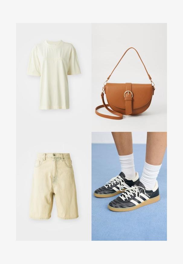 Krēmkrāsas kokvilnas T-krekls ar apaļu kakla izgriezumu, īsām piedurknēm un reljefu "adidas" logotipu uz krūts. Gluda tekstūra un brīvs piegriezums.; Gai zeltens džinsu īsās bikses ar augstu jostasvietu, ar jostu cilpiņām, priekšējo pogu aizdari un sānu kabatām. Gluda tekstūra un taisna griezuma forma.; Melnas ādas sporta apavus ar baltām svītrām, apaļu purngalu, baltām auklām un gumijas zoli. Izceļas ar mīksto apkakli un zīmola detaļām.; Brūns ādas plecu soma ar izliekta formu, zelta piederumiem un sprādzes akcentu. Iesaiņota ar noņemamu plecu siksnu.