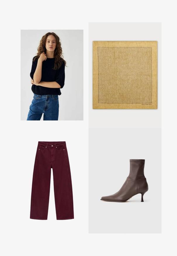 Zwarte gebreide trui met korte mouwen en een ronde halslijn. Draag het met hoge taille blauwe denim jeans. Eenvoudig ontwerp, zachte textuur.; Bordeaux wijde jeans van denim, met een vier-pocket ontwerp en metalen knoopsluiting met bijpassende stiksels.; Bruine leren enkellaars met een spitse neus en een slanke, middellange hak op een witte achtergrond.; Beige tafellaken met een raster van kleine, gelijkmatig verdeelde zwarte stippen; omlijst met een dunne zwarte rand. Glad textuur, rechthoekige vorm.; Bruine suède handtas met een rechthoekige vorm, twee lange handvatten en minimale stiksels. Gladde textuur zonder zichtbare hardware of versieringen.; Zwarte lavasteen kralenketting met ronde kralen, een gladde textuur en een zilveren verstelbare sluiting met een hanger.