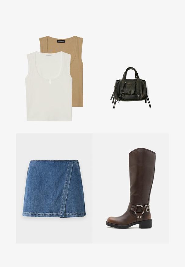 Deux débardeurs : l'un crème avec un col rond et un léger détail à l'avant, l'autre marron clair, tous deux avec une texture côtelée et des bretelles larges.; Jupe en denim de couleur bleue moyenne avec un design croisé, présentant des coutures visibles et un ourlet droit.; Botte en cuir marron hauteur genou avec un accent en métal rond et une boucle. Tige légèrement texturée, talon empilé et design à bout rond.; Sac à main en cuir noir avec des poignées tressées, une poche zippée et des glands suspendus. Surface texturée avec des clous en métal et des accents en métal.; Ensemble de boucles d'oreilles en argent présentant divers designs : créoles, puces et styles pendants, avec des accents de billes et des éléments pointus.