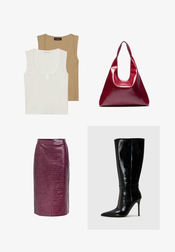 To tanktopper: en cremefarvet med rund hals og let foran detalje, den anden lysebrun, begge med ribbet tekstur og brede stropper.; Bordeaux faux læder pencil skirt med alligatorstruktur, med lynlås i ryggen og sideslids for nem bevægelse.; Sorte læderknælange støvler med spids tå og høj stilettohæl. Glat tekstur og slank design, med minimalt detaljer.; Rød blank lædertaske med en trekantet form, bred åbning foroven og et enkelt buet håndtag. Glat tekstur med minimale sømdetaljer.; Sæt med sølvøreringe med forskellige designs: hoops, studs og hængende stilarter, med kugleaccenter og spidse elementer.