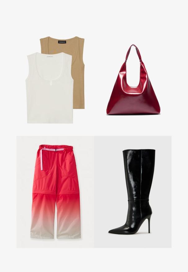 Du dušo marškiniai: vieni kreminiai su apvalia iškirpte ir šiek tiek priekyje išsikišimu, kiti šviesiai rudi, abu su raukšlėta tekstūra ir plačiomis petnešomis.; Raudoni gradientiniai kelnių su elastinga juosta ir reguliuojamu rožiniu diržu. Turima dvi šoninės kišenės ir lygus, vandeniui atsparus paviršius.; Juodos odinės iki kelių ilgio botai su smailiu nosiu ir aukštu stiletto kabliu. Lygi tekstūra ir stilingas dizainas, turintis minimalų detalizuotumą.; Raudona blizganti odinė rankinė, turinti trikampio formą, plačią viršutinę angą ir vieną lenktą rankeną. Lygi tekstūra su minimaliu siuvimo detalėmis.; Sidabro auskarų rinkinys, kuriame yra įvairių dizainų: žiedai, studai ir kabančios stiliai, su rutuliukų akcentais ir smailiais elementais.