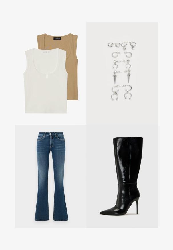 Két topp: az egyik krém színű, kerek nyakkivágással és enyhe elölnézeti részlettel, a másik világosbarna, mindkettő bordázott текстúrával és széles pántokkal.; Kék farmer magas derekú farmernadrág enyhe kopással, elülső zsebekkel, gombbal, cipzárral és bővülő lábakkal, egyszerű világos háttér előtt.; Fekete bőrből készült, térd fölé érő csizmák hegyes orral és magas stiletto sarokkal. Simára csiszolt textúra és elegáns kivitelezés, minimális díszítéssel.; Ezüst fülbevalók készlete, különböző dizájnokkal: karikák, bedugós fülbevalók és lógó stílusok, golyós díszítésekkel és hegyes elemekkel.