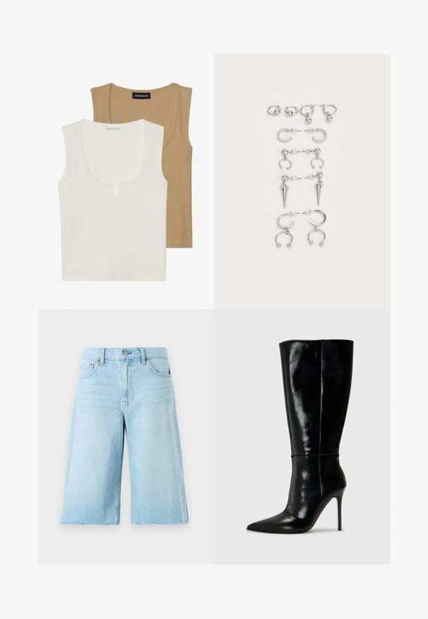 Due top: uno crema con scollo a barca e leggero dettaglio frontale, l'altro marrone chiaro, entrambi con texture a costine e spalline larghe.; Bermuda di jeans blu chiaro con vestibilità ampia, orlo sfilacciato, cinque tasche e accessori in metallo. Design classico dei jeans con una leggera scoloritura.; Stivali neri in pelle alti fino al ginocchio con punta affusolata e tacchi a stiletto alti. Texture liscia e design elegante, con decorazioni minime.; Set di orecchini in argento con vari design: cerchi, perle e stili pendenti, con accenti a sfera e elementi appuntiti.