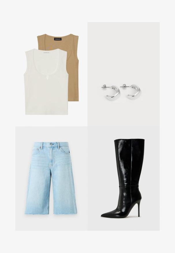 Zwei Trägershirts: eines in Creme mit Rundhalsausschnitt und leichtem Vorderdesign, das andere in Hellbraun, beide mit geripptem Material und breiten Trägern.; Helle blaue Denim-Shorts mit lockerer Passform, ausgefranstem Saum, fünf Taschen und Metallbeschlägen. Klassisches Jeansdesign mit subtilen Ausbleichungen.; Schwarze Leder-Knielange Stiefel mit spitzem Schuh und hohem Stiletto-Absatz. Glatte Textur und elegantes Design, das sich durch minimale Details auszeichnet.; Silberne Creolen mit einer glatten, polierten Oberfläche. Runde Form mit einem leicht geschwungenen Design und abgerundeten Kanten. Sicherheitsverschluss.