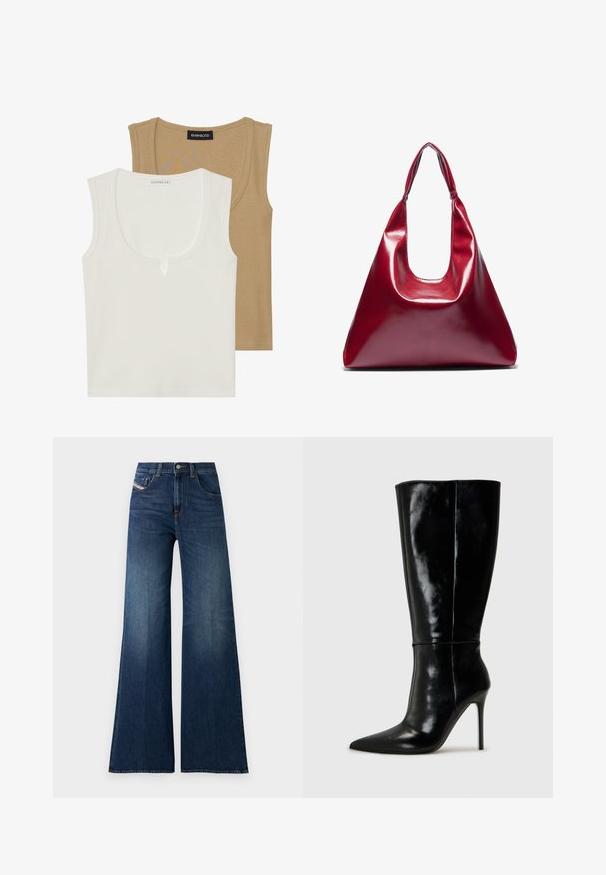 Two tank tops: one cream with a scoop neck and slight front detail, the other light brown, both with a ribbed texture and wide straps.; High-waisted dark blue wide-leg jeans with front and coin pockets, button closure, and subtle whiskering details on the thighs.; Black leather knee-high boots with a pointed toe and high stiletto heel. Smooth texture and sleek design, featuring minimal detailing.; Red glossy leather handbag with a triangular shape, wide top opening, and a single curved handle. Smooth texture with minimal stitching details.; Set of silver earrings featuring various designs: hoops, studs, and dangling styles, with ball accents and pointed elements.