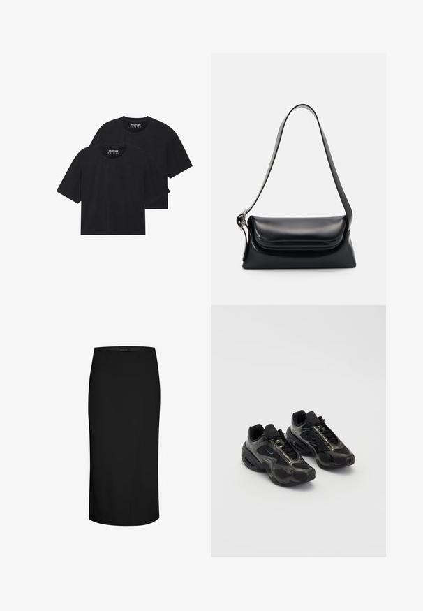 T-shirt in cotone nero con una vestibilità rilassata, presenta maniche corte e colletto rotondo. Due pezzi mostrati, con una texture liscia.; Gonna a matita nera realizzata in un tessuto liscio, con un design aderente, taglio al ginocchio e un dettaglio di cucitura asimmetrica su un lato.; Scarpe sportive nere in materiale sintetico, con dettagli in mesh e suole arrotondate. Presentano un sistema di allacciatura e un logo Nike ben visibile sulla linguetta.; Borsa a tracolla nera in pelle con una forma strutturata, una texture liscia e una singola tracolla. Presenta un design a patta arrotondata e discreta.; Orologio Casio al quarzo argento con quadrante rettangolare, display analogico e digitale, bracciale in acciaio inossidabile e caratteristiche di resistenza all'acqua.