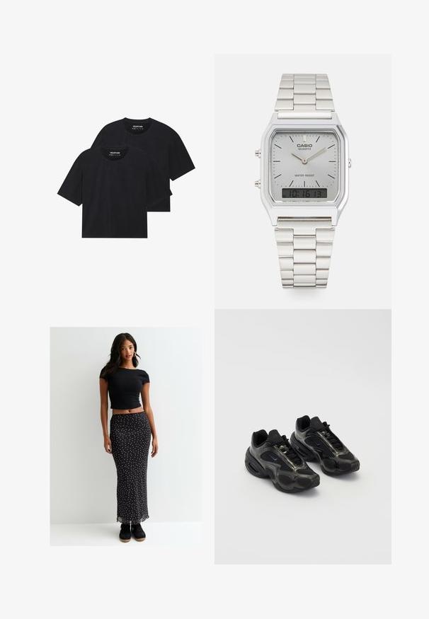 Black cotton t-shirts in a relaxed fit, featuring short sleeves and a round neckline. Two pieces shown, with a smooth texture.; New Look SPOT MIDI - Maxi skirt - black pattern; Black athletic shoes with synthetic material, mesh accents, and rounded soles. Features lacing system and prominent Nike logo on tongue.; Silver Casio quartz watch with rectangular face, analog and digital displays, stainless steel bracelet, and water-resistant features.