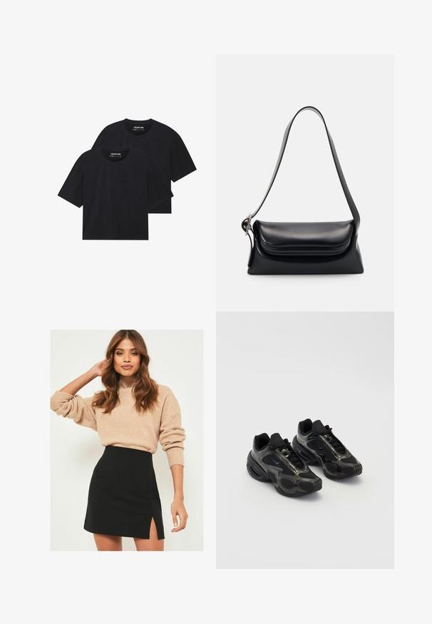 Tricouri negre din bumbac, cu o croială lejeră, având mâneci scurte și decolteu rotund. Două piese prezentate, cu o textură netedă.; Pulover bej tricotat cu manșete răsucite, combinat cu o fustă mini neagră cu o fanta laterală. Ținuta are o siluetă relaxată, dar totodată ajustată.; Încălțăminte sport neagră din material sintetic, cu accente din plasă și tălpi rotunjite. Dispune de un sistem de șireturi și un logo Nike proeminent pe limbă.; Geantă de mână din piele neagră cu o formă structurată, o textură netedă și o singură curea de umăr. Are un design subtil cu clapetă rotunjită.; Ceas de mână Casio din oțel inoxidabil cu mecanism quartz, cu carcasă rectangulară, afișaje analogice și digitale, brățară din oțel inoxidabil și caracteristici de rezistență la apă.