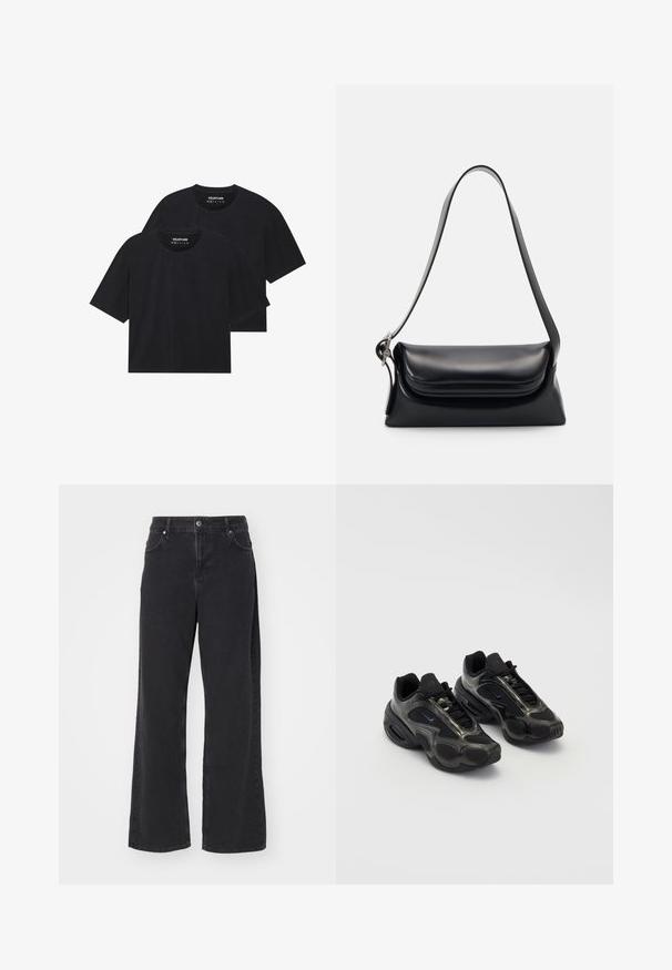 Mustad puuvillased mustad T-särgid lõdva istuvusega, lühikeste varrukatega ja ümmarguse kaelusega. Näidatud on kaks tükki, millel on sile tekstuur.; Mustad teksapüksid laia säärega, kõrge vöökohaga, viie taskuga ja lukuhaagisega. Sile tekstuur, minimaalsete nähtavate õmbluste detailidega.; Mustad musta värvi spordijalatsid sünteetilisest materjalist, võrgusilmaga detailidega ja ümarate taldadega. Omab paeltesüsteemi ja väljapaistvat Nike logo keelel.; Mustriga musta nahast käekott, millel on struktuurne kuju, sile tekstuur ja üks õlarihm. Omab peent, ümarat klappi.; Hõbedane Casio kvarts kell, millel on ristkülikuline nägu, analoog- ja digitablood, roostevabast terasest rihm ning veekindlad omadused.