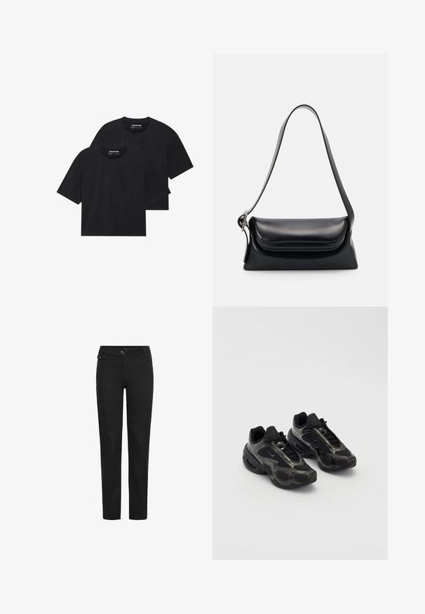 Czarne bawełniane koszulki w luźnym kroju, z krótkim rękawem i okrągłym dekoltem. Pokazane są dwa egzemplarze o gładkiej fakturze.; Czarne spodnie proste z guzikowym zapięciem, szlufkami na pasek i małą kieszonką z klapką po prawej stronie w pobliżu pasa.; Czarne buty sportowe wykonane z materiałów syntetycznych, z siateczkowymi akcentami i zaokrąglonymi podeszwami. Wyposażone w system sznurowania oraz wyraźne logo Nike na języku.; Czarna skórzana torebka o zorganizowanym kształcie, gładkiej fakturze i pojedynczym pasku na ramię. Posiada subtelną, zaokrągloną klapkę.