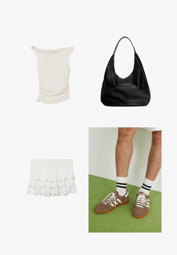 Top color crema realizzato in tessuto liscio, con un design off-shoulder, dettagli arricciati ai lati e un orlo curvo.; Gonna bianca a strati con rouches e vita smockata, realizzata in un tessuto leggero e strutturato con un design svasato.; Sneaker in suede marrone con dettagli e lacci bianchi. Suola in gomma color gomma. Indossati con calzini bianchi con righe nere. Pavimento verde texturizzato.; Borsa hobo in pelle nera con design morbido, ampia tracolla e texture liscia. Presenta una chiusura con zip laterale.