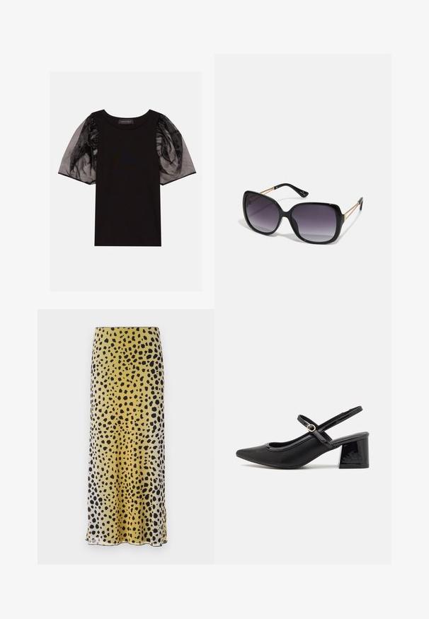 Črna majica z rebrasto tkanino in kratkimi, prosojnimi črnimi pufastimi rokavi. Ima nabirano oblikovanje na rokavih in okroglo ovratnico.; Midi krilo v rumenih in črnih pikah, izdelano iz lahkotnega materiala, z gladko teksturo in ravnim krojem ter robom.; Črne patentne usnjene salonarce s slingback obliko, s koničastim nosom, zaobljenim izrezom in blok peto. Imajo zlato kovinsko zaponko kot dodatno okrasje.; Črne prevelike sončne očala z degradacijskimi lečami, debelimi okvirji in zlatimi verižicami na ročajih.; Črna torbica z strukturirano obliko, gladko teksturo in kovinskim zaponko. Ujemajo se z širokimi črnimi hlačami in odprtimi sandali na lesenem tleh.