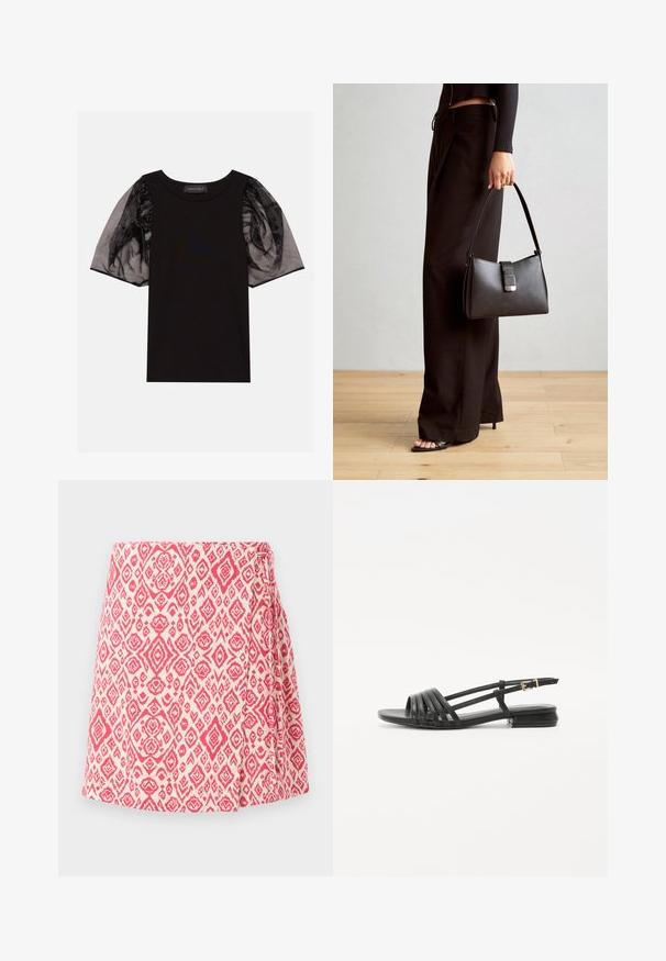 Čierny top s rebrovanou tkaninou a krátkymi, priesvitnými čiernymi balónovými rukávmi. Obsahuje zhromaždené detaily na rukávoch a okrúhly výstrih.; Sukňa v krémovej farbe s ružovým geometrickým vzorom. Má bočný uzol a rozšírený strih pre pohodlné nosenie. Hladká textúra látky.; Čierne ploché sandále so šnurovacím dizajnom, obsahujúce viaceré kožené pásiky a tenký remienok na členku. Podrážka je plochá a obdĺžniková.; Čierna kabelka so štruktúrovaným tvarom, hladkou textúrou a kovovou sponou. V kombinácii so širokými čiernymi nohavicami a sandálmi s otvorenou špičkou na drevenej podlahe.
