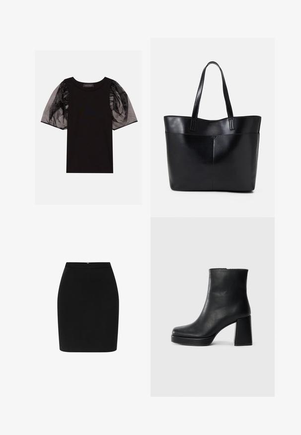 Mustapaita, jossa on ribbikangasta ja lyhyet, läpinäkyvät mustat puffihihat. Hihansuissa on fr grunnitustietoa ja pyöreä pääntie.; Musta kynähame, jossa on istuva muotoilu, teksturoitu kangas ja huomaamaton takakappale. Saumaton viimeistely ilman näkyviä kuvioita tai koristeita.; Musta nahkasaapas nilkkapituisena, jossa on paksu korko ja alustapohja, nähtynä sivulta yksinkertaisella valkoisella taustalla.; Musta nahkainen kassi, jossa on kaksi pitkää kahvaa, sileä pinta ja jämäkkä muoto. Sisältää etutaskun lisävarastointia varten.