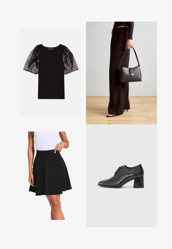 Čierny top s rebrovanou tkaninou a krátkymi, priesvitnými čiernymi balónovými rukávmi. Obsahuje zhromaždené detaily na rukávoch a okrúhly výstrih.; Čierna rozšírená sukňa vyrobená z mäkkej látky s hladkou textúrou a širokým pásom, s jemnými skladmi a dĺžkou po kolená.; Čierne lakované kožené topánky s okrúhlou špičkou, šnurovacím dizajnom a robustným obdĺžnikovým opätkom. Hladký povrch s lesklým finišom.; Čierna kabelka so štruktúrovaným tvarom, hladkou textúrou a kovovou sponou. V kombinácii so širokými čiernymi nohavicami a sandálmi s otvorenou špičkou na drevenej podlahe.