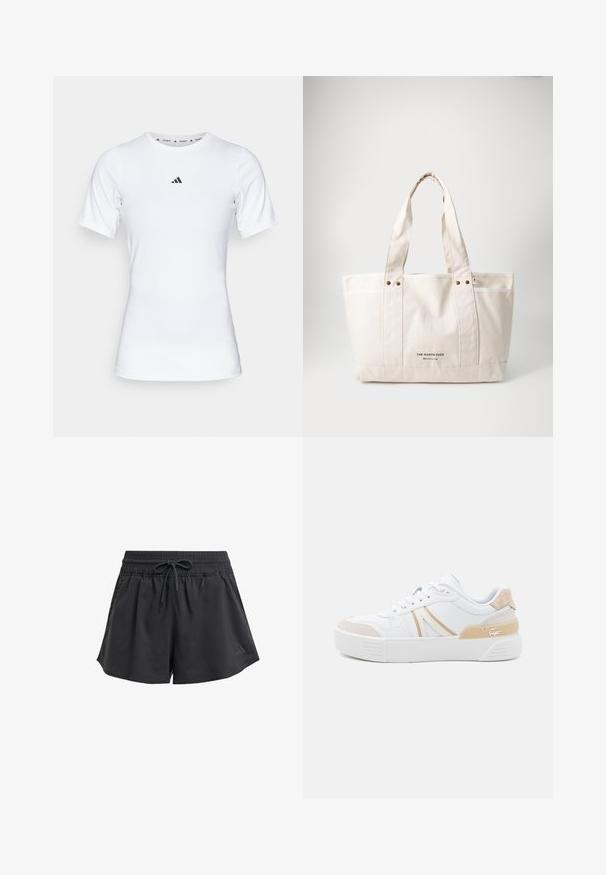 Λευκό αθλητικό μπλουζάκι με κοντά μανίκια, φτιαγμένο από λείο, ελαστικό ύφασμα. Διαθέτει το μικρό μαύρο λογότυπο της Adidas στο στήθος.; Μαύρες αθλητικές σορτς με ελαστική μέση, εσωτερικό κορδόνι και πλαϊνές σχισμές. Κατασκευασμένες από απαλό, ελαφρύ ύφασμα.; Λευκό αθλητικό παπούτσι με suede και δερμάτινες λεπτομέρειες σε μπεζ και κρέμα. Διαθέτει χοντρή λευκή σόλα, κορδόνια και λογότυπο στη φτέρνα.; Καμβάς τσάντα ώμου σε ανοιχτό μπεζ χρώμα με δύο ανθεκτικές λαβές, αντίθετη λευκή περιγραφή και λογότυπο "THE NORTH FACE" σε μαύρο χρώμα στο μπροστινό μέρος.