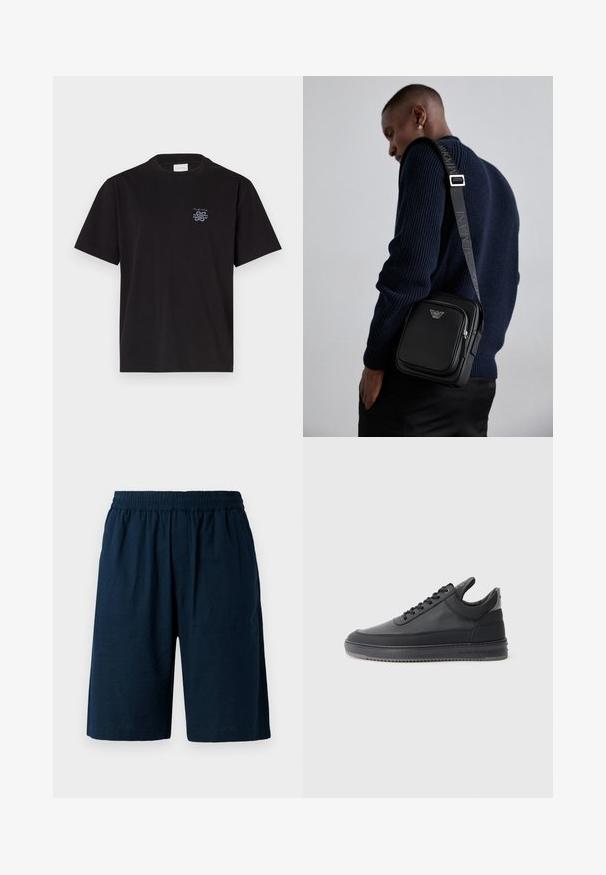 Juodas medvilninis marškinėliai su apvalia kaklo iškirpte ir trumpomis rankovėmis. Yra mažas mėlynas logotipas ant kairiojo krūtinės. Paprastas, tiesus kirpimas.; Tamsiai mėlynos šortai, pagaminti iš lengvos medžiagos, turintys elastingą juosmenį ir laisvą kirpimą, su dviem šoninėmis kišenėmis.; Juodos odinės sportbačiai su tekstūruotu paviršiumi, su raišteliais, žemu kraštu ir pilku guminio pado kraštu su grioveliais.; Juodas odinis kryžiumi nešiojamas krepšys su užtraukiamu skyriumi, logotipo detale ir prekinio ženklo reguliuojama juosta. Dėvimas ant tekstūrinio tamsiai mėlyno megztinio.