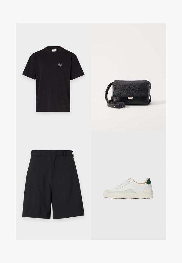 Camiseta de algodón negra con cuello redondo y mangas cortas. Presenta un pequeño logo azul en el lado izquierdo del pecho. Diseño simple y de corte recto.; Pantalones cortos negros de tela suave con un diseño ajustado, que presentan un frente plano y dos bolsillos laterales, además de una cinturilla regular.; Zapatilla blanca con acentos de ante, puntera redondeada, cordones planos y suela de goma color crema. Presenta un logo verde en el talón.; Bolso bandolera de cuero negro texturizado con cierre de solapa, herrajes plateados y correa ajustable. Diseño minimalista con líneas limpias.