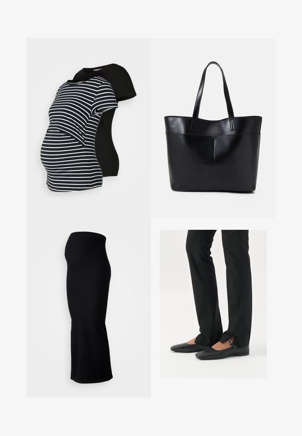 Due magliette premaman: una nera e una a righe bianche e nere. Entrambe hanno maniche corte e un orlo curvo, progettate per garantire comfort durante la gravidanza.; Gonna midi nera in maglia con un design aderente, vita senza cuciture e silhouette dritta. Texture liscia e senza motivi visibili.; Ballerine in pelle nera con punta appuntita, cinturino con fibbia in argento, abbinate a pantaloni neri su misura con orlo a spacco.; Borsa a tracolla in pelle nera con due manici lunghi, una texture liscia e una forma strutturata. Presenta una tasca frontale per ulteriore spazio di archiviazione.