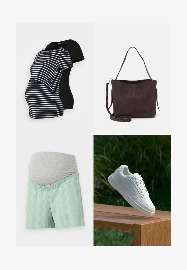 Kaks rasedust-särki: üks must, teine mustvalge triibuline. Mõlemal on lühikesed varrukad ja kaarjas allserv, loodud mugavuseks raseduse ajal.; Mündrohelised lühikesed püksid on tekstuuriga sirgjoonelise mustriga, mis on varustatud halli, veniva vöökohaosa mugavuse tagamiseks. Neil on lõdva istuvuse ja siledad kangad.; Valged sneakerd, millel on sile sünteetiline ülemine osa, väikeste aukudega varvaskast, lamedad paelad ja tekstuuriga tald, eksponeeritud puidust pinnal.; Pruun nubukist kott pehme tekstuuriga, millel on üks õlavarre rihm ja peene kumer ülemine ava. Nähtavaid metallosi pole.