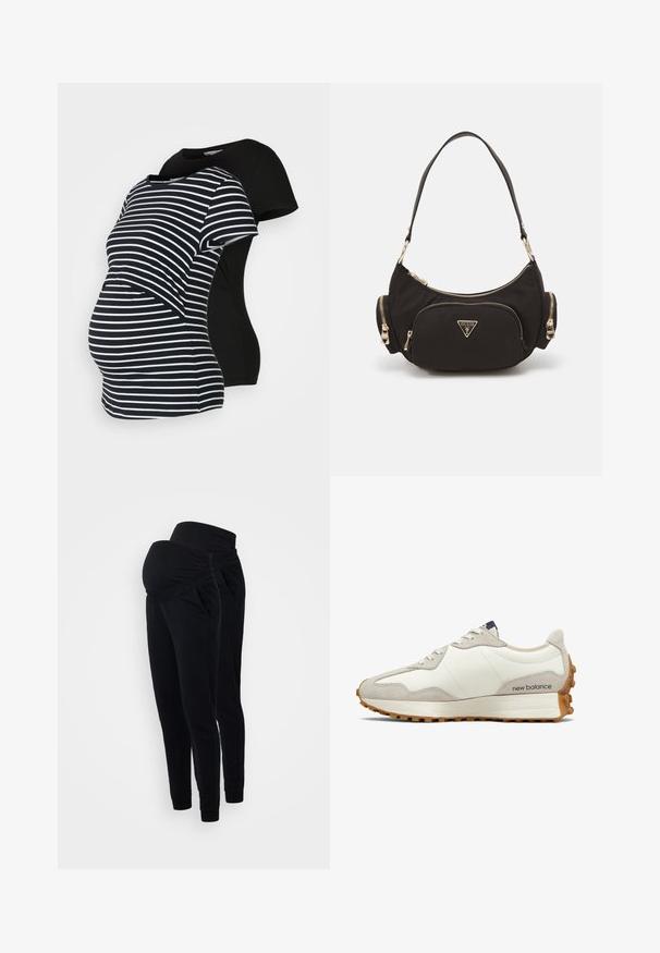 Twee zwangerschapst-shirts: één zwart, de ander zwart met witte strepen. Beide hebben korte mouwen en een gebogen zoom, ontworpen voor comfort tijdens de zwangerschap.; Zwarte zwangerschapsjoggingbroek met een omklapbare tailleband, zijzakken en een taps toelopend ontwerp. Gemaakt van zachte, rekbare stof voor comfort.; Witte en beige sneaker met een bovenwerk van glad leer en suède accenten. Voorzien van ronde veters, een gevoerde zool en een gerubberde buitenzool met structuur.; Zwarte stoffen schoudertas met goudkleurige hardware, met een hoofdvak met rits en twee kleinere ritsvakken aan de zijkanten.