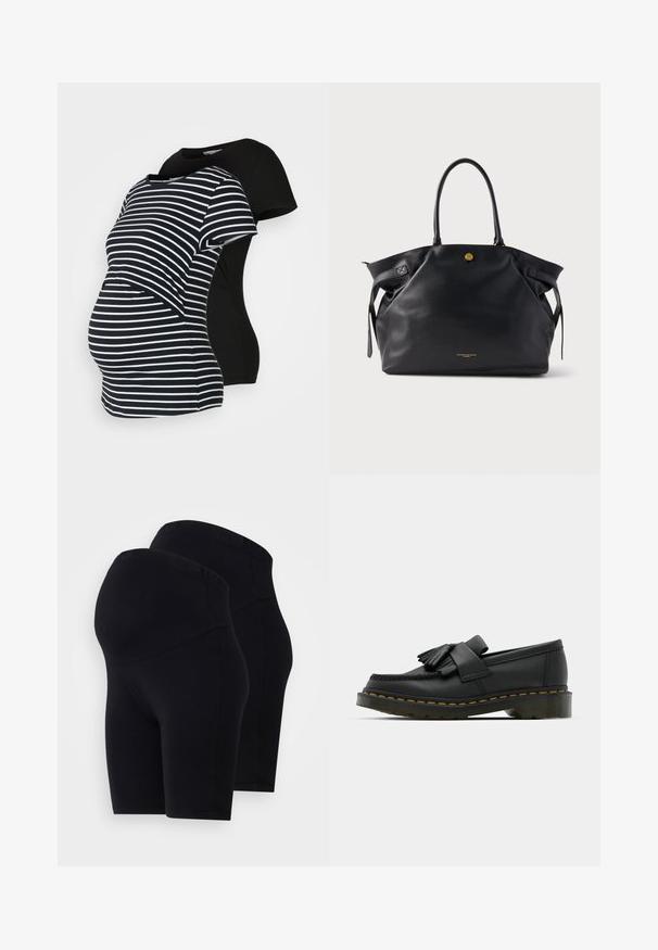 Duas t-shirts de maternidade: uma preta, outra às riscas preta e branca. Ambas têm mangas curtas e uma bainha curva, desenhadas para conforto durante a gravidez.; Calções elásticos pretos com uma cintura alta, apresentando uma textura suave e um design simples. Vendidos em pacote de dois.; Mocassins de couro pretos com bico arredondado, apresentando um detalhe de franja e uma faixa decorativa na parte da frente, assentes em um salto robusto.; Mala tote em couro preto com superfície texturada, ferragens douradas e duas pegas arredondadas. Apresenta um fecho seguro e marcações mínimas.