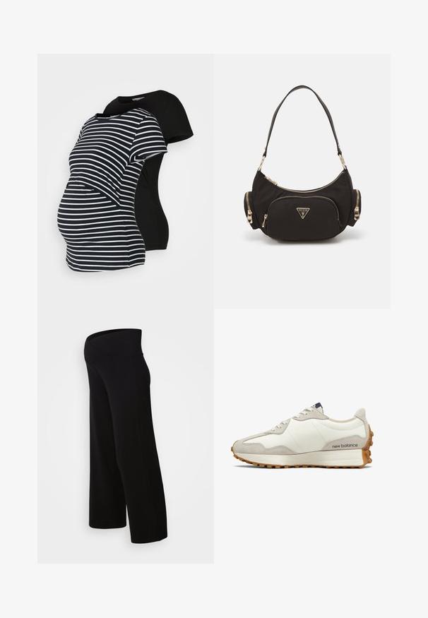 Divas grūtniecēm paredzētas T-kreklas: viens melns, otrs melnbalts ar svītrām. Abiem ir īsas piedurknes un izliekts apakšmalas dizains, kas nodrošina komfortu grūtniecības laikā.; Melni grūtniecības platā kāju bikses ar augstu vidukli, izgatavotas no maiga, elastīga auduma. Iezīmes ietver brīvu piegādi un gludu tekstūru.; Baltas un beige sporta apavi ar gludu ādas virsu, zamšādas akcentiem, noapaļotu purngalu un raupju gumijas zoli. Zīmola nosaukums drukāts uz sāniem.; Melnas auduma plecu soma ar zelta toņu piederumiem, kurai ir galvenais rāvējslēdzēja nodalījums un divi mazāki rāvējslēdzēja kabatiņas sānos.