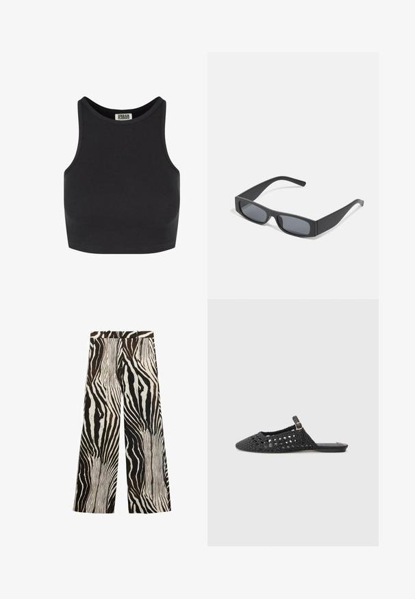 Čierny rebrovaný crop top bez rukávov. Má zaoblený výstrih a hladkú textúru. Na vnútornej strane výstrihu je viditeľná etiketa.; Široké nohavice s odvážnym zebrovým vzorom v čiernej a bielej farbe s hnedými akcentmi; vyrobené z ľahkej látky, hladká textúra.; Čierne tkané slingback topánky s špicatou špičkou, textúrovaným materiálom, bočným detailom s prackou a plochou podrážkou.; Čierne obdĺžnikové slnečné okuliare s tmavými sklami a hrubými matnými rámami. Ramena sú mierne zúžené s hladkým povrchom.