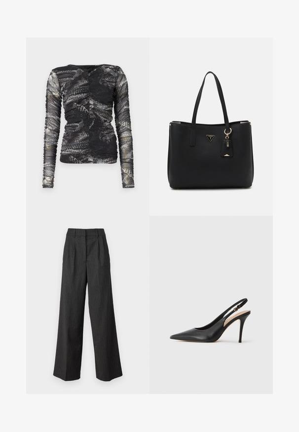 Dugulja s dugim rukavima u crno-sivoj zmijskoj printu; izrađena od teksturiranog, rastezljivog materijala s naboranim detaljima sa strane.; Hlače s visokim strukom i širokim nogavicama u tamnosivoj boji s tankim okomitim prugama. Imaju kroj poput konfekcije i meku teksturu. Plišani prednji detalj.; Crna kožna cipelica s visokom petom i otvorenom petom, s oštrim vrhom, glatkom teksturom i delikatnom trakicom s metalnom kopčom.; Crna torba od teksturiranog sintetičkog materijala, s dva ručka, zlatnom oznakom i malom oznakom s detaljima u boji.