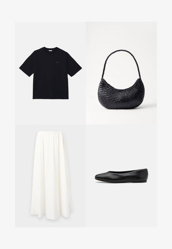 Black short-sleeve t-shirt made of cotton, featuring a crew neckline and a small logo on the left chest. Smooth texture and relaxed fit.; White, ankle-length skirt made of lightweight fabric with a gathered elastic waistband and a flared hem, featuring a smooth texture.; Paul Smith TOPANGA - Ballet pumps - black; DRAGON DIFFUSION NOVA LUNA - Handbag - black