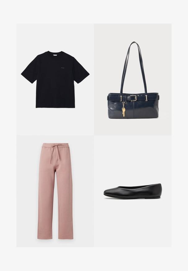 Crna majica kratkih rukava od pamuka, s okruglim izrezom i malim logom na lijevoj strani prsa. Glatka tekstura i ležeran kroj.; Trenerke od mekog ružičastog materijala, s pojasom na vezanje, širokim nogavicama i ravnim rubom te diskretnim šavnim detaljima.; Paul Smith TOPANGA - Balerinke - black; Morska kožna torbica s dva duga ramena, detaljem kopče i privjeskom za ključeve. Ima glatku teksturu i pravokutni oblik.