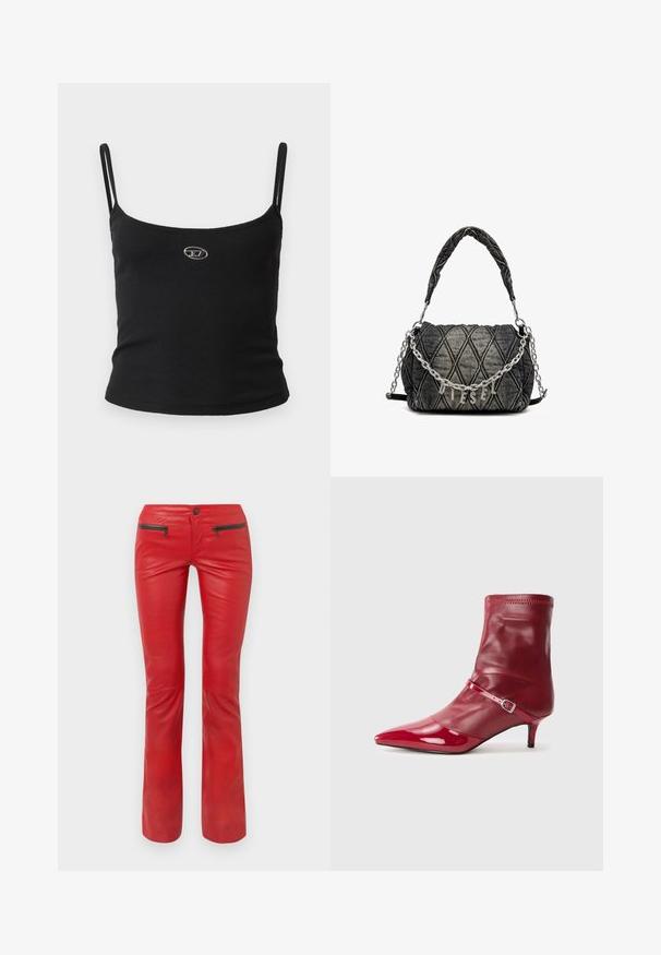 Schwarzes, geripptes Camisole-Oberteil mit dünnen Trägern und einem kleinen metallischen Logo in der Mitte. Der Stoff wirkt dehnbar und figurbetont.; Rote Lederhosen mit strukturiertem Finish, ausgestattet mit zwei Reißverschlusstaschen vorne und einem taillierten Schnitt, der sich am Knöchel leicht ausweitet.; Roter synthetischer Knöchelstiefel mit spitzer Zehenform, glänzender Oberfl äche und schmalem Absatz. Verfügt über einen Riemen mit einer Metall-Schnalle und einem elastischen Schaft.; Gepolsterte Denim-Handtasche in Dunkelgrau mit einer Kettenriemen und einem metallischen "DIESEL"-Logo. Kompakte, rechteckige Form, strukturierte Oberfläche.
