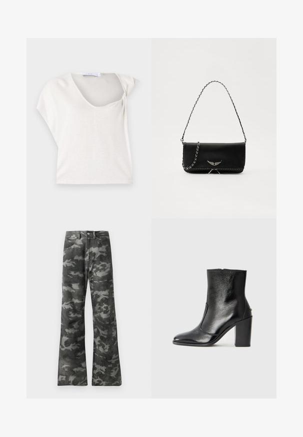 Helles graues Kurzarmoberteil mit sanft drapiertem Design und Rundhalsausschnitt, das aus einem strukturierten, gewebten Stoff für zusätzliche Dimension besteht.; Dunkelgraue und schwarze Camouflage-musterte gerade Jeans mit Knopf- und Reißverschluss sowie Fronttaschen.; Schwarze Leder-Stiefelette mit glatter Textur, spitzem Fuß und klobigem hohen Absatz. Verfügt über eine seitliche Öffnung und ein minimalistisches Design.; Schwarze Lederhandtasche mit einem silbernen Kettenriemen, verziert mit dekorativen Flügelakzenten und weißen Nähten entlang der unteren Naht.