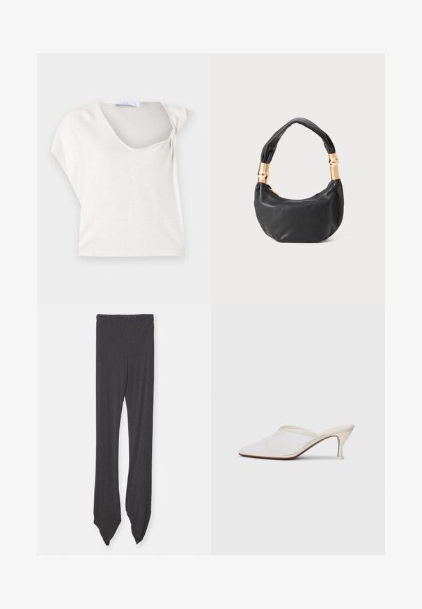 Lys grå top med korte ærmer, der har et blødt draperet design og en rund halsudskæring, med en tekstureret, vævet stof for ekstra dimension.; Mørkegrå leggings lavet af blødt stof, med en bred taljeelastik og indsnævrede ender, der er spidse. Designet er glat uden mønstre.; Hvide mesh spidse mule-sko med en slank hæl i mellem højde og slip-on design mod en ensfarvet baggrund.; Sort læder håndtaske med rund form, blød tekstur og en knyttet hank med guldfarvede hardware detaljer. Lynlåslukning.