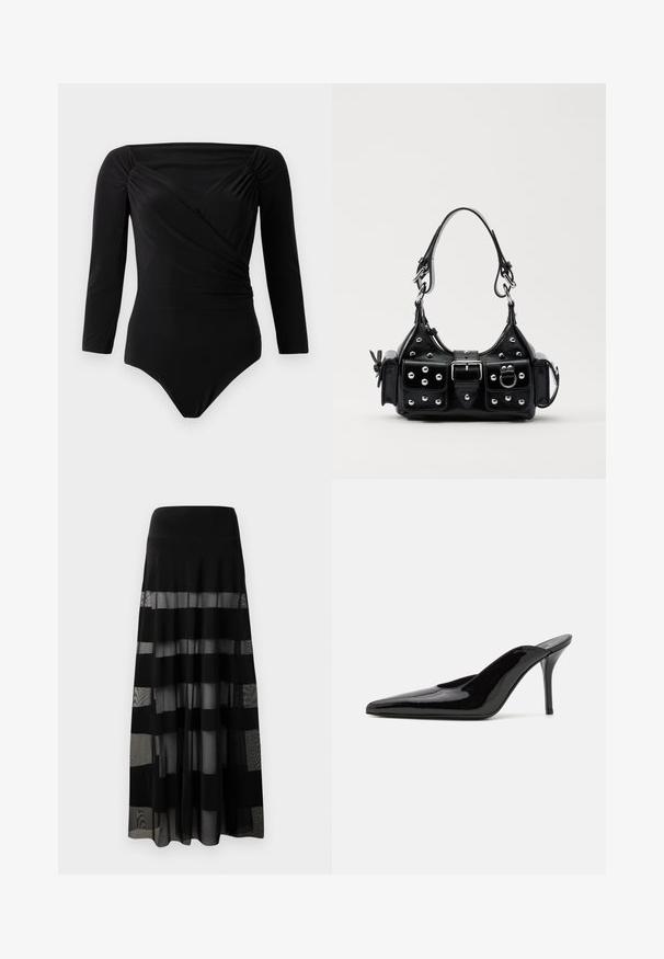 Black long-sleeve bodysuit, with a wrap design, gathered accents at shoulders, smooth texture, and deep neckline.; Black maxi skirt with a fitted waistband, featuring sheer panels and opaque stripes. Lightweight fabric with a smooth texture.; Black patent leather high-heeled mule with a pointed toe and a sleek silhouette, featuring an open back and a slender stiletto heel.; Black leather handbag with a curved design, featuring silver studs, a buckle, and two side pockets. Adjustable strap for carrying options.
