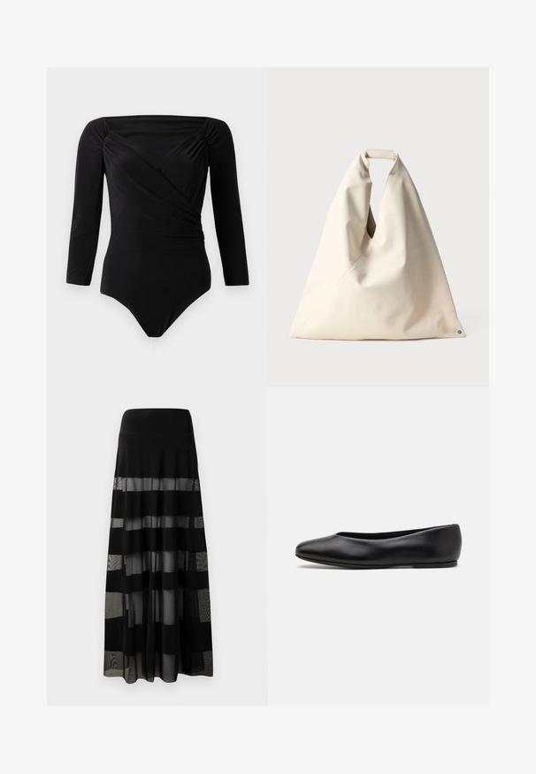 Černý body s dlouhým rukávem, s překládaným designem, na ramenou s nařasenými detaily, hladkou texturou a hlubokým výstřihem.; Černá maxi sukně s přiléhavým pasem, která má průhledné panely a neprůhledné pruhy. Lehce vážící tkanina s hladkou texturou.; Paul Smith TOPANGA - Klasické baleríny - black; Béžová taška s měkkou texturou, unikátním zakrouceným uchem a diagonálním švem. Minimalistický design s kulatým akcentem na dně.